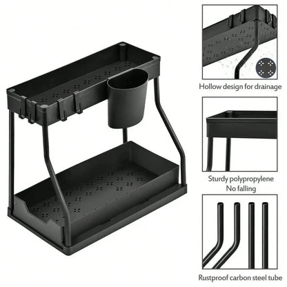 2 Pack Pull Out Under Sink Organizer, 2-Tier Sliding Kitchen Bathroom Cabinet Storage Shelf With Hanging Cups, Pipe Gap Compatible Storage Rack For Cleaning Supplies